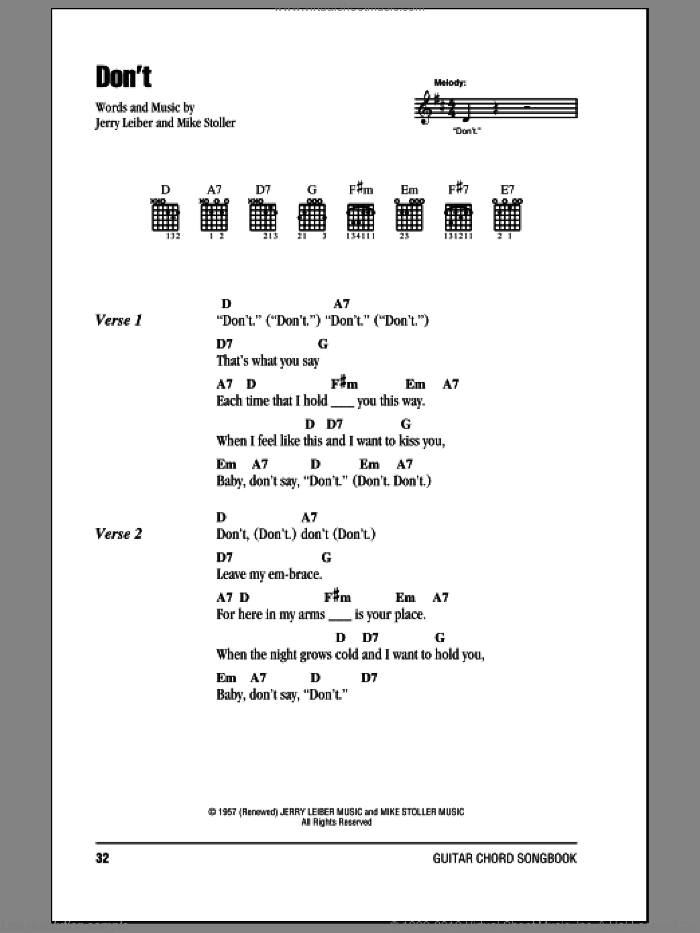 Don't sheet music for guitar (chords) by Elvis Presley, Leiber & Stoller, Jerry Leiber and Mike Stoller, intermediate skill level