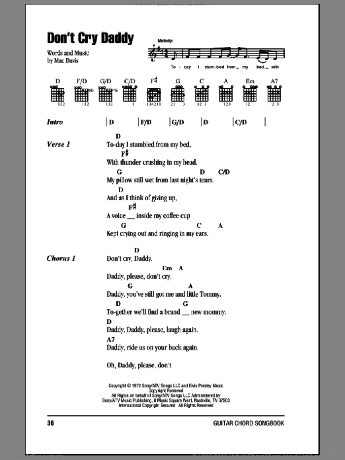 Don't Cry Daddy sheet music for guitar (chords) by Elvis Presley and Mac Davis, intermediate skill level