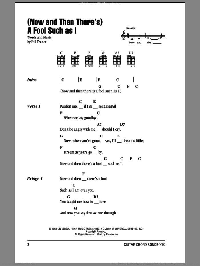 (Now And Then There's) A Fool Such As I sheet music for guitar (chords) by Elvis Presley and Bill Trader, intermediate skill level