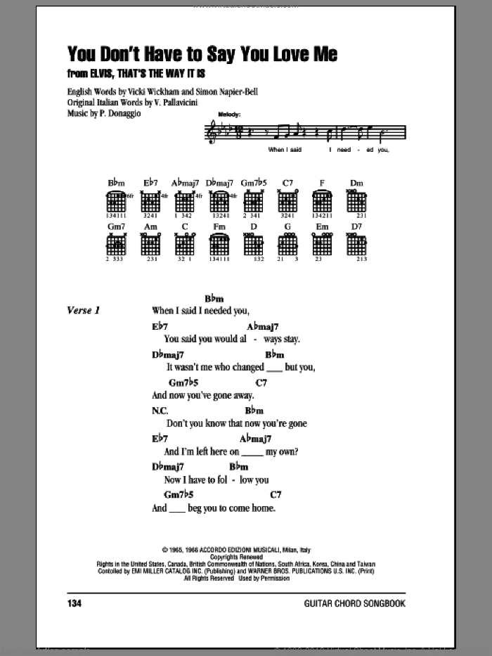 You Don't Have To Say You Love Me sheet music for guitar (chords) by Elvis Presley, Giuseppe Donaggio, Simon Napier-Bell, V. Pallavicini and Vicki Wickham, intermediate skill level