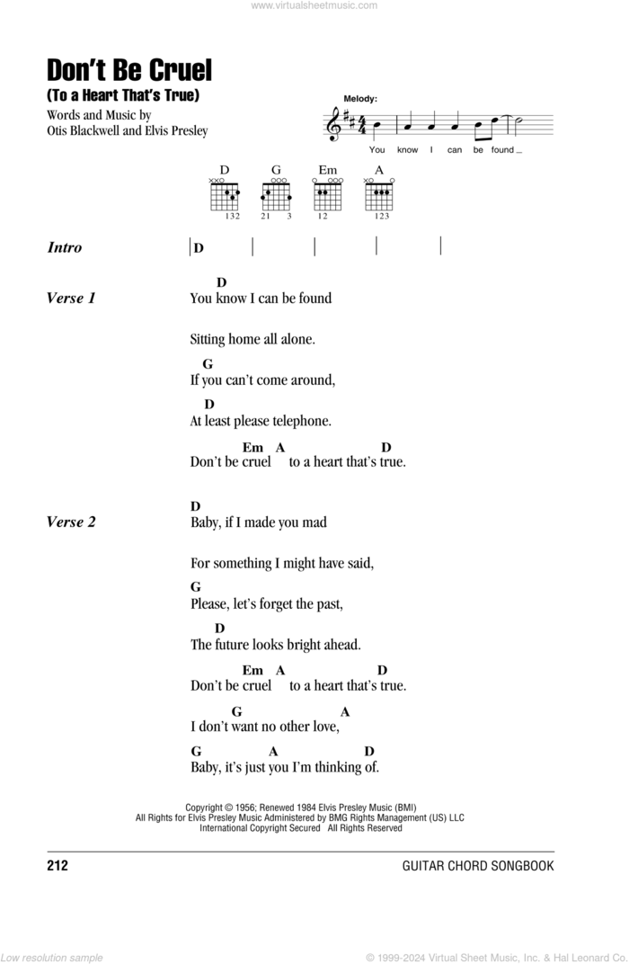 Don't Be Cruel (To A Heart That's True) sheet music for guitar (chords) by Elvis Presley and Otis Blackwell, intermediate skill level