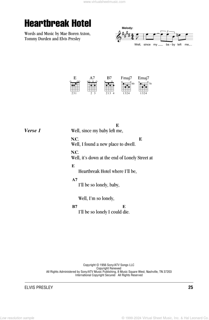 Heartbreak Hotel sheet music for guitar (chords) by Elvis Presley, Mae Boren Axton and Tommy Durden, intermediate skill level