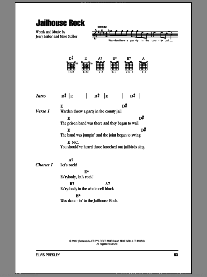 Jailhouse Rock sheet music for guitar (chords) by Elvis Presley, Leiber & Stoller, Jerry Leiber and Mike Stoller, intermediate skill level