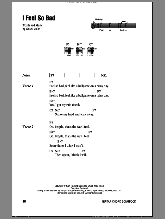 I Feel So Bad sheet music for guitar (chords) by Elvis Presley and Chuck Willis, intermediate skill level