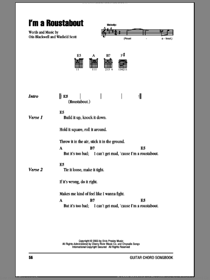 I'm A Roustabout sheet music for guitar (chords) by Elvis Presley, Otis Blackwell and Winfield Scott, intermediate skill level