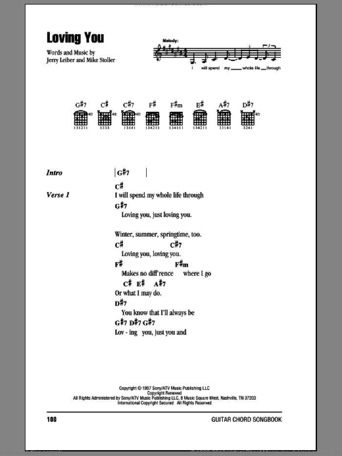 Loving You sheet music for guitar (chords) by Elvis Presley, Leiber & Stoller, Jerry Leiber and Mike Stoller, intermediate skill level