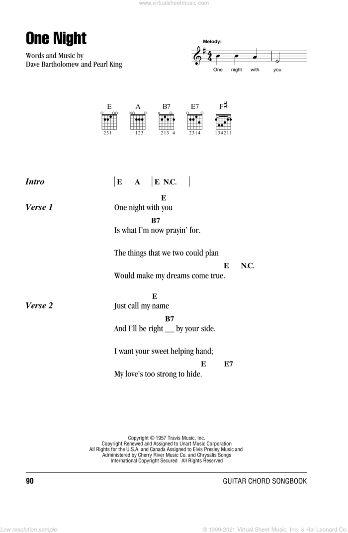One Night sheet music for guitar (chords) by Elvis Presley, Dave Bartholomew and Pearl King, intermediate skill level