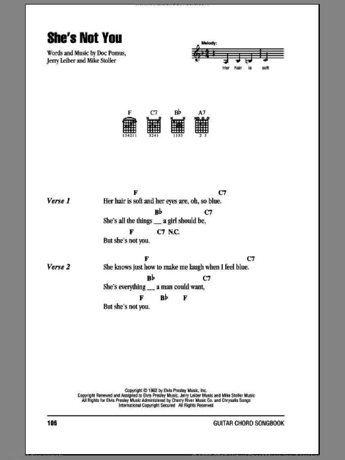 She's Not You sheet music for guitar (chords) by Elvis Presley, Doc Pomus, Jerome Pomus, Jerry Leiber, Leiber & Stoller and Mike Stoller, intermediate skill level