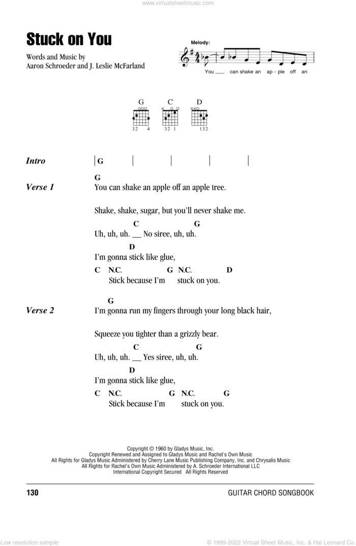 Stuck On You sheet music for guitar (chords) by Elvis Presley, Aaron Schroeder and J. Leslie McFarland, intermediate skill level