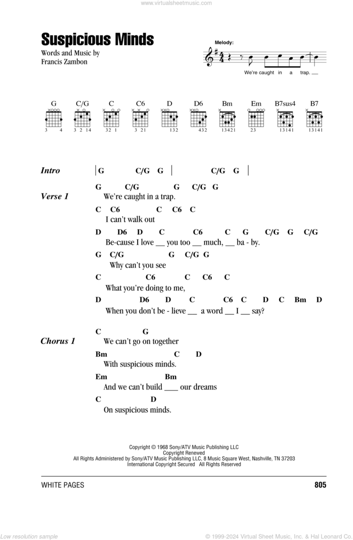 Suspicious Minds sheet music for guitar (chords) by Elvis Presley and Francis Zambon, intermediate skill level