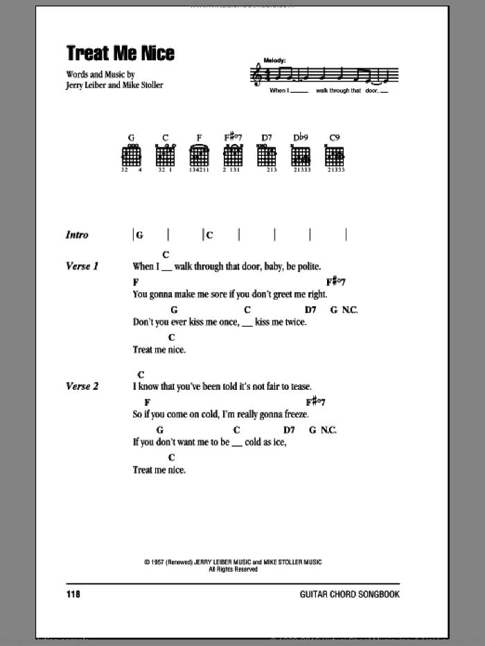 Treat Me Nice sheet music for guitar (chords) by Elvis Presley, Leiber & Stoller, Jerry Leiber and Mike Stoller, intermediate skill level