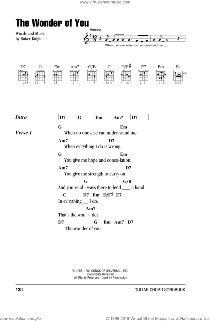The Wonder Of You sheet music for guitar (chords) by Elvis Presley and Baker Knight, intermediate skill level