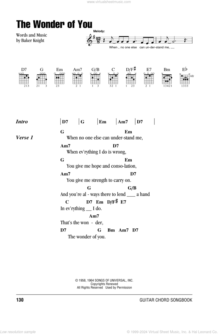 The Wonder Of You sheet music for guitar (chords) by Elvis Presley and Baker Knight, intermediate skill level