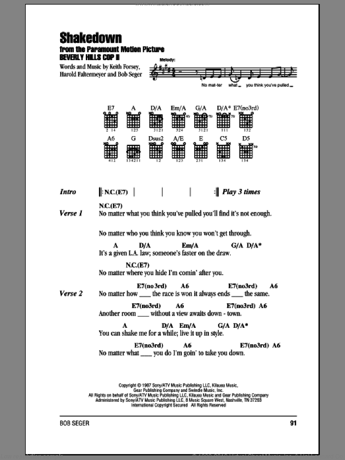 Shakedown sheet music for guitar (chords) by Bob Seger, Harold Faltermeyer and Keith Forsey, intermediate skill level
