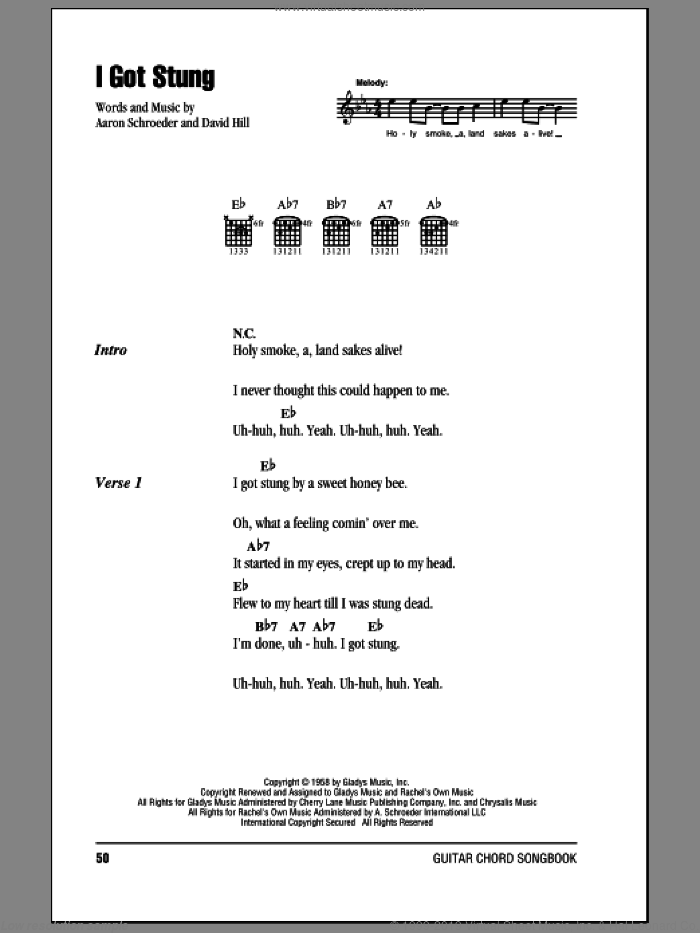 I Got Stung sheet music for guitar (chords) by Elvis Presley, Aaron Schroeder and David Hill, intermediate skill level
