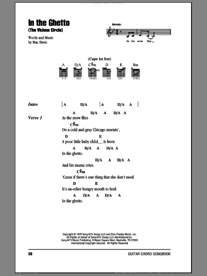 In The Ghetto (The Vicious Circle) sheet music for guitar (chords) by Elvis Presley and Mac Davis, intermediate skill level