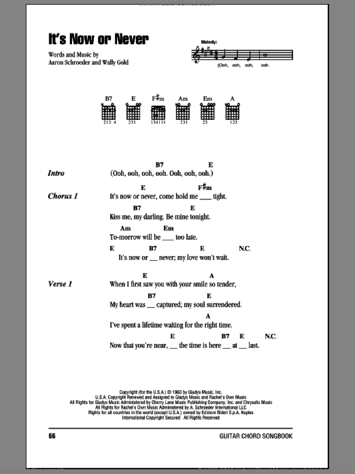 It's Now Or Never sheet music for guitar (chords) by Elvis Presley, Aaron Schroeder and Wally Gold, intermediate skill level