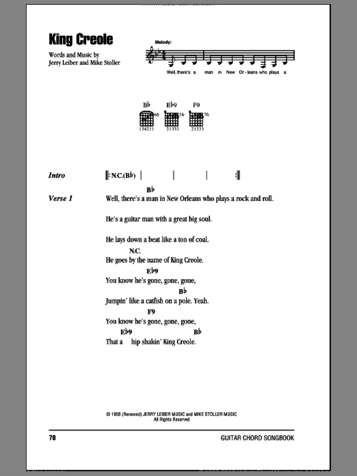 King Creole sheet music for guitar (chords) by Elvis Presley, Leiber & Stoller, Jerry Leiber and Mike Stoller, intermediate skill level