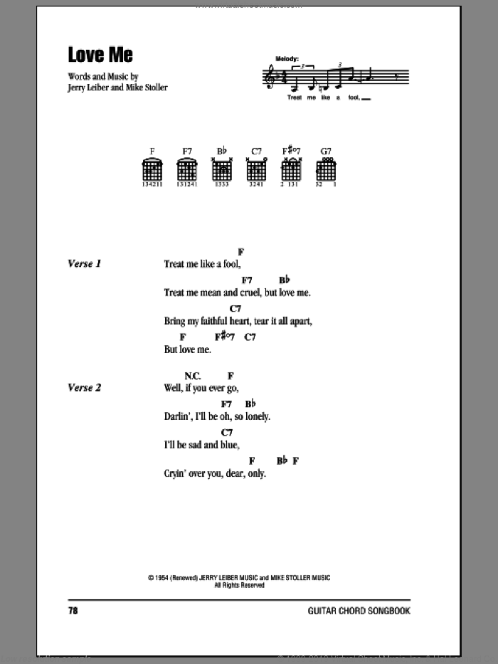 Love Me sheet music for guitar (chords) by Elvis Presley, Leiber & Stoller, Jerry Leiber and Mike Stoller, intermediate skill level