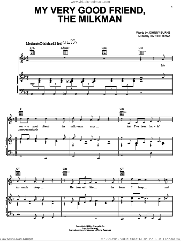 My Very Good Friend, The Milkman sheet music for voice, piano or guitar by Eric Clapton, Harold Spina and John Burke, intermediate skill level
