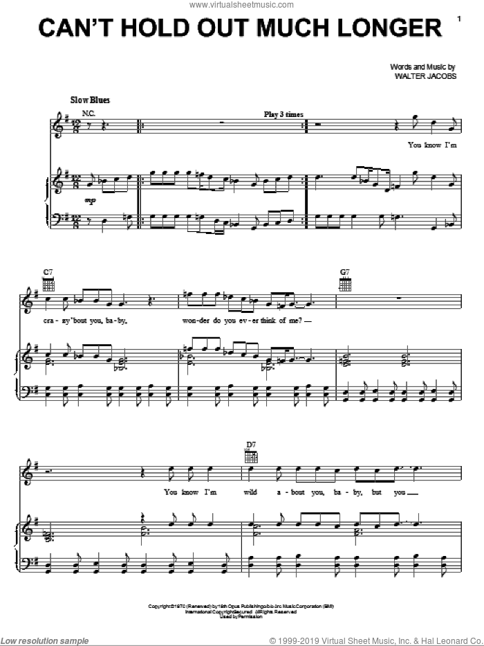 Can't Hold Out Much Longer sheet music for voice, piano or guitar by Eric Clapton and Walter Jacobs, intermediate skill level