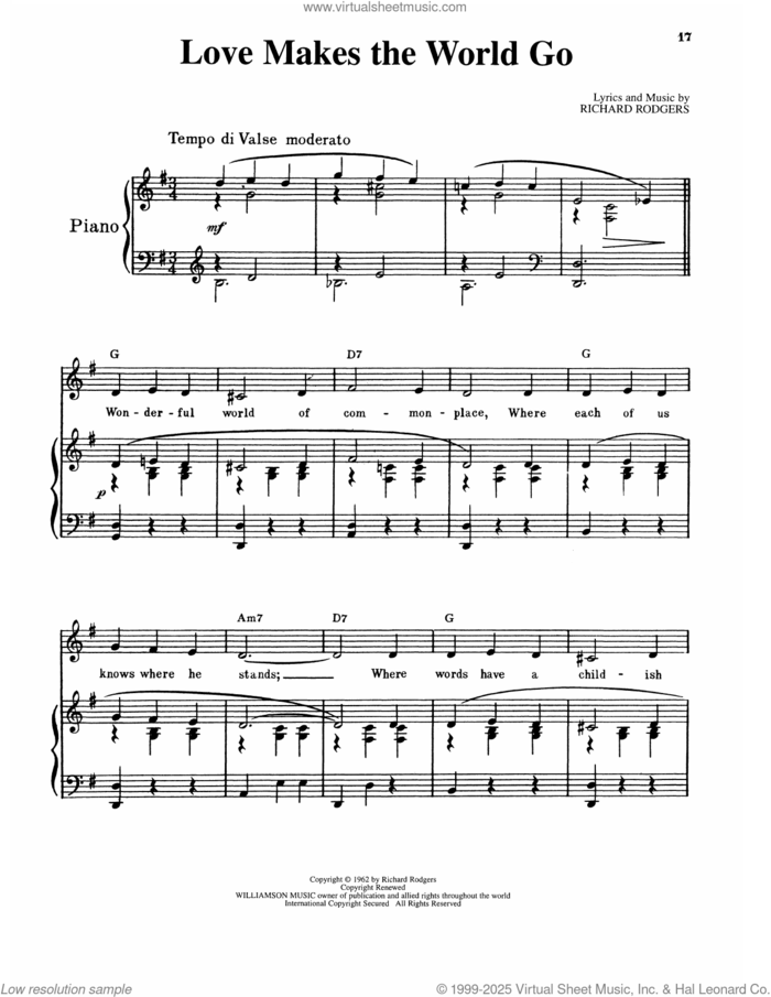 Love Makes The World Go (from No Strings) sheet music for voice and piano by Richard Rodgers, intermediate skill level