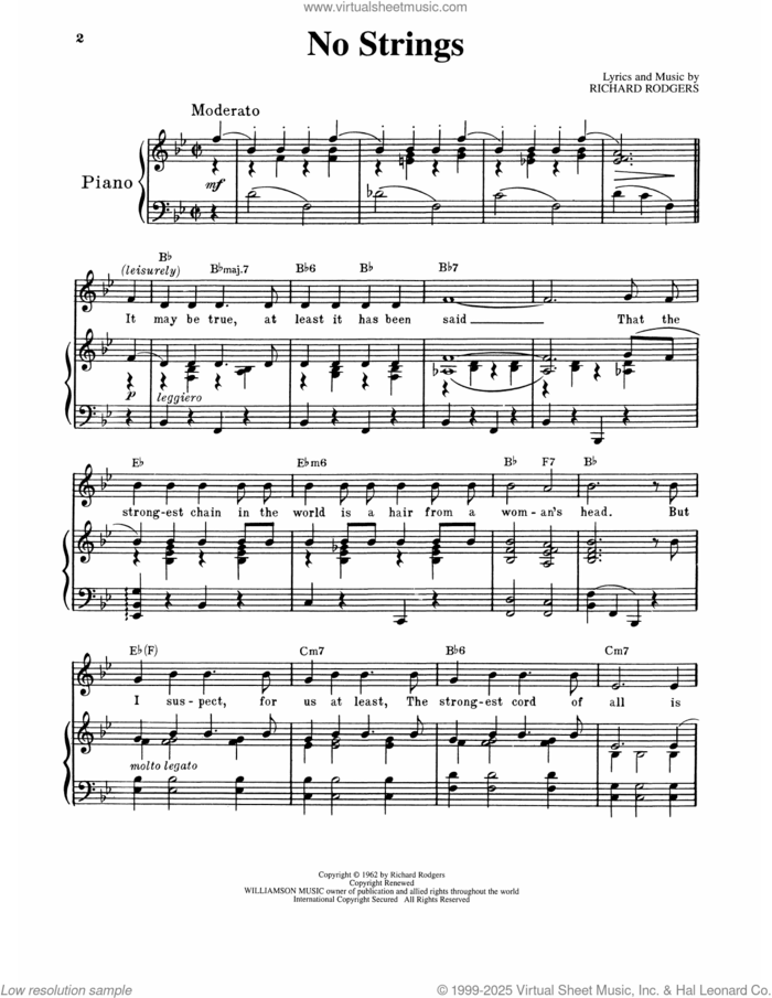 No Strings sheet music for voice and piano by Richard Rodgers, intermediate skill level