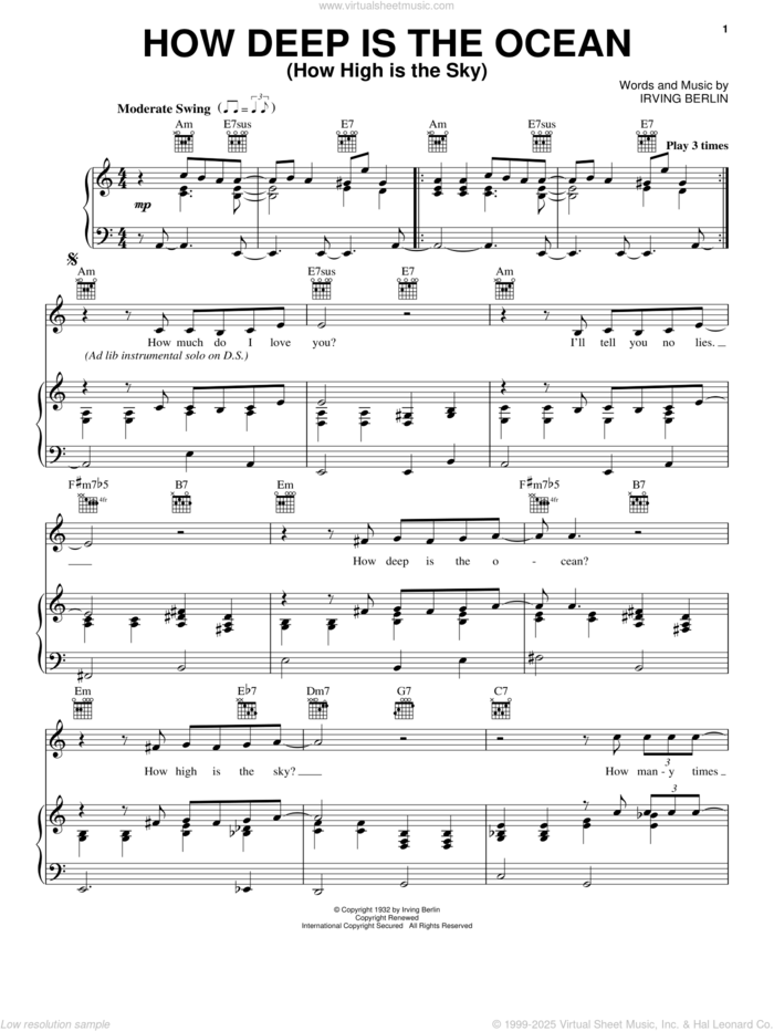 How Deep Is The Ocean (How High Is The Sky) sheet music for voice, piano or guitar by Eric Clapton and Irving Berlin, intermediate skill level