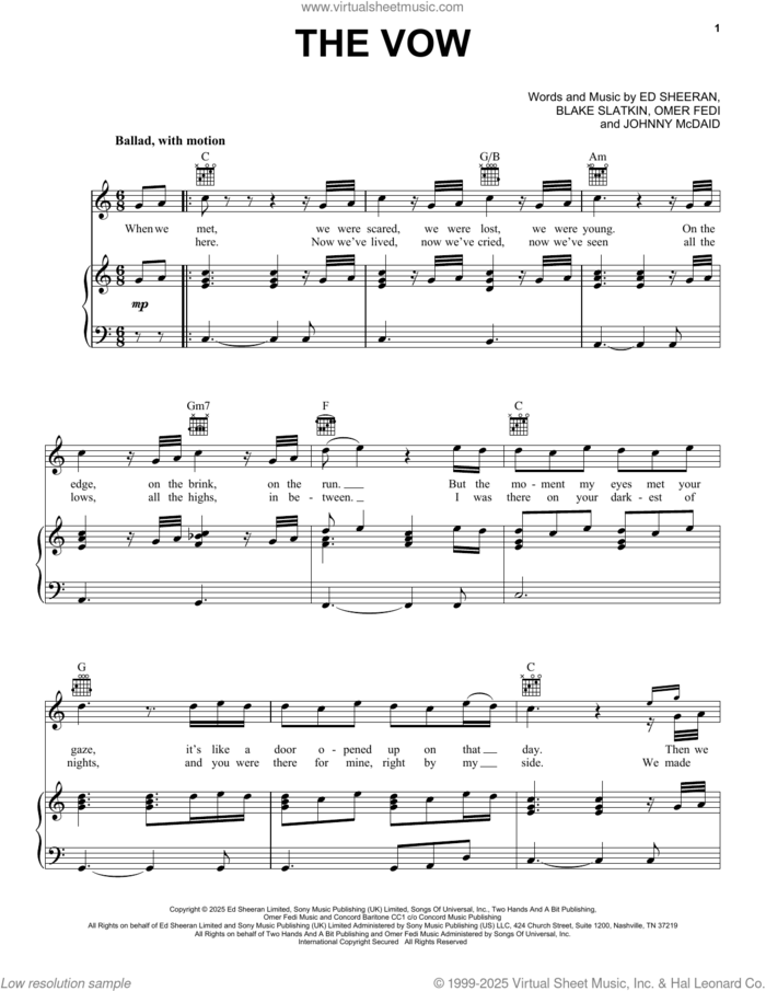 The Vow sheet music for voice, piano or guitar by Ed Sheeran, Blake Slatkin, Johnny McDaid and Omer Fedi, intermediate skill level