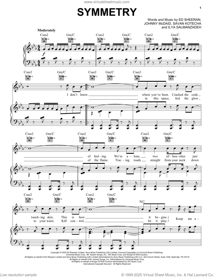 Symmetry sheet music for voice, piano or guitar by Ed Sheeran, Ilya Salmanzadeh, Johnny McDaid and Savan Kotecha, intermediate skill level