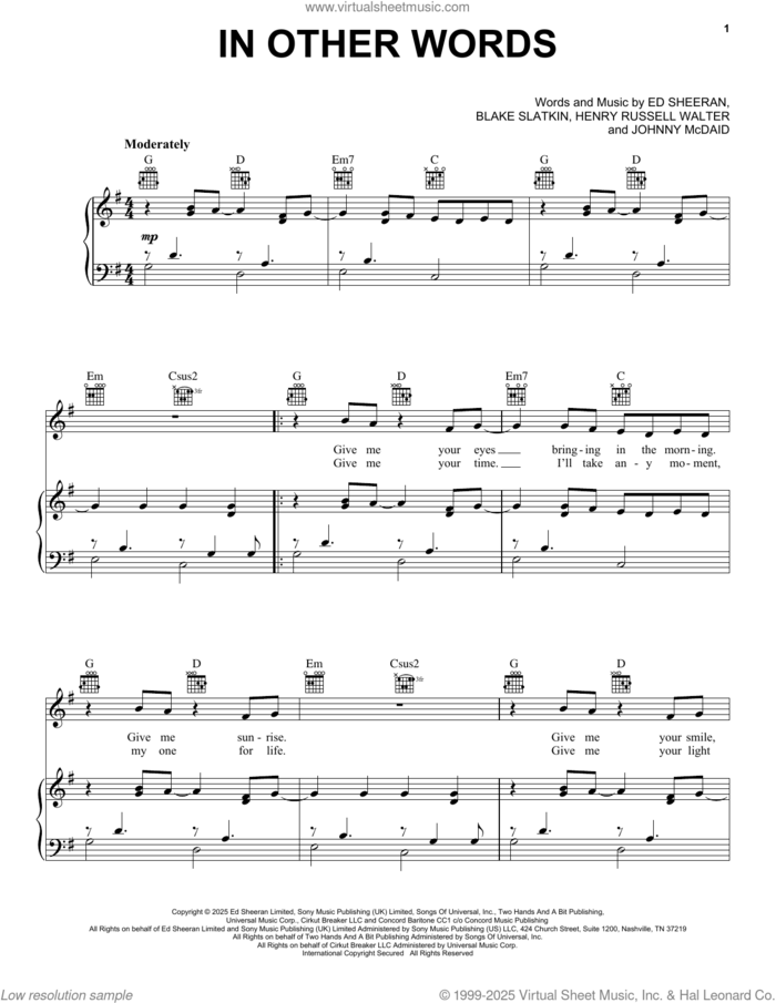In Other Words sheet music for voice, piano or guitar by Ed Sheeran, Blake Slatkin, Henry Russell Walter and Johnny McDaid, intermediate skill level