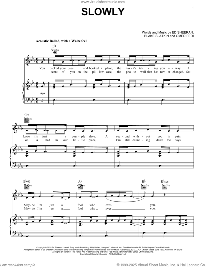 Slowly sheet music for voice, piano or guitar by Ed Sheeran, Blake Slatkin and Omer Fedi, intermediate skill level