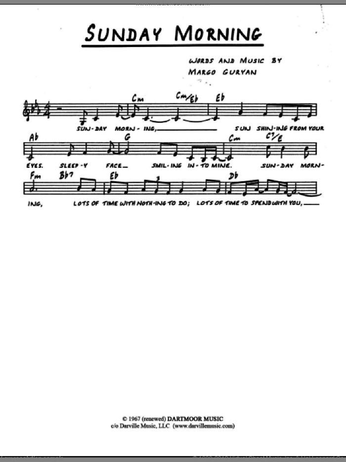 Sunday Morning sheet music for voice and other instruments (fake book) by Margo Guryan, intermediate skill level