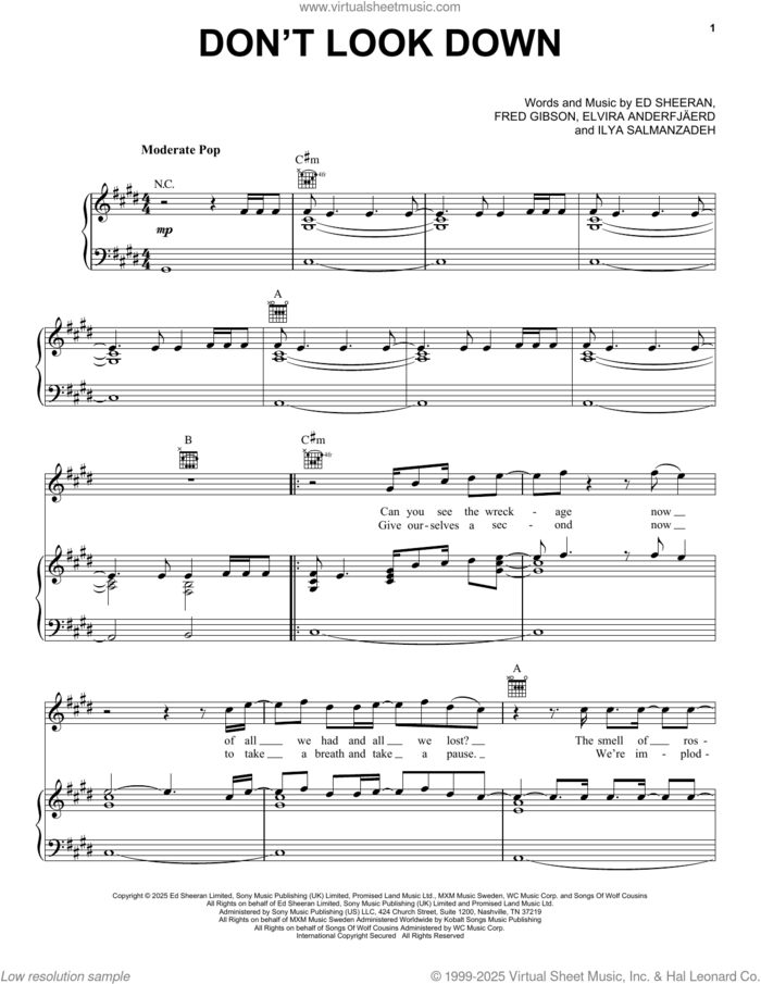 Don't Look Down sheet music for voice, piano or guitar by Ed Sheeran, Elvira Anderfjard, Fred Gibson and Ilya Salmanzadeh, intermediate skill level