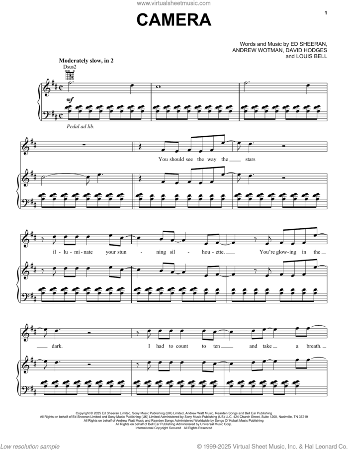 Camera sheet music for voice, piano or guitar by Ed Sheeran, Andrew Wotman (Andrew Watt), David Hodges and Louis Bell, intermediate skill level