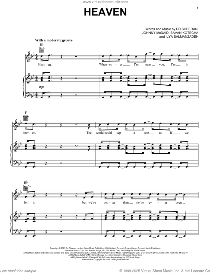 Heaven sheet music for voice, piano or guitar by Ed Sheeran, Ilya Salmanzadeh, Johnny McDaid and Savan Kotecha, intermediate skill level
