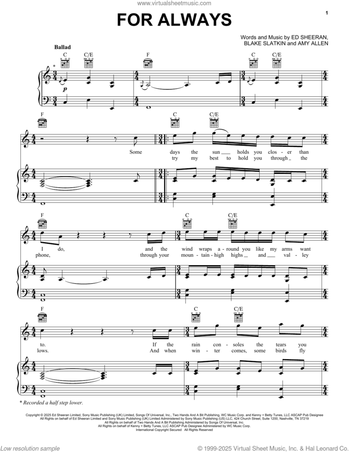 For Always sheet music for voice, piano or guitar by Ed Sheeran, Amy Allen and Blake Slatkin, intermediate skill level