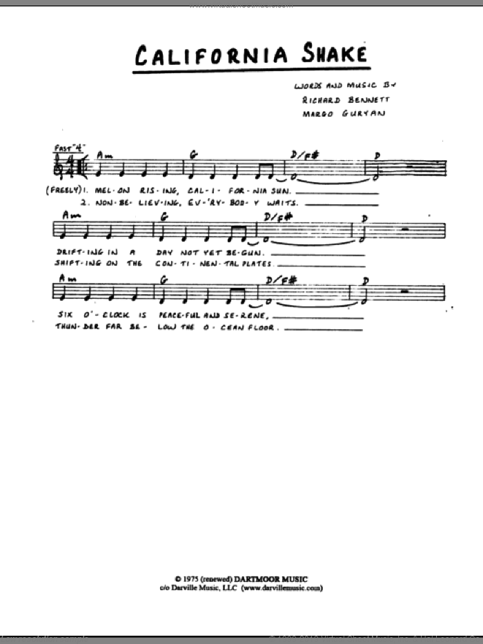 California Shake sheet music for voice and other instruments (fake book) by Margo Guryan and Richard Bennett, intermediate skill level
