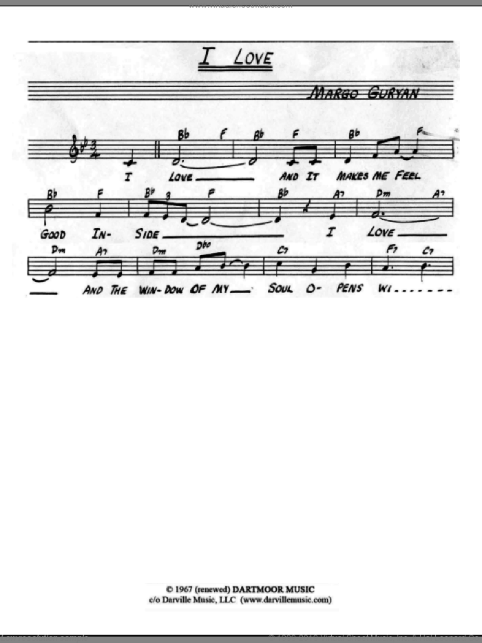 I Love sheet music for voice and other instruments (fake book) by Margo Guryan, intermediate skill level