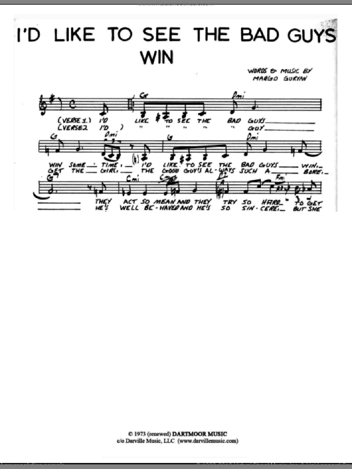 I'd Like To See The Bad Guys Win sheet music for voice and other instruments (fake book) by Margo Guryan, intermediate skill level