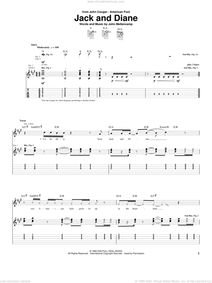 Jack And Diane sheet music for guitar (tablature) by John Mellencamp, intermediate skill level