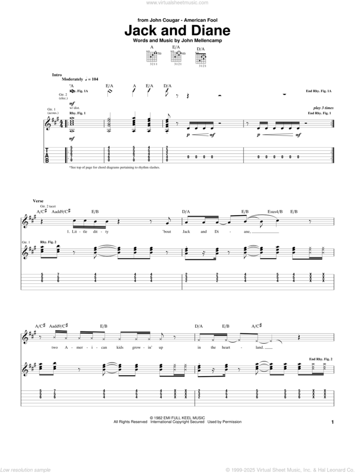 Jack And Diane sheet music for guitar (tablature) by John Mellencamp, intermediate skill level