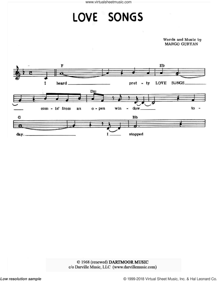 Love Songs sheet music for voice and other instruments (fake book) by Margo Guryan, intermediate skill level