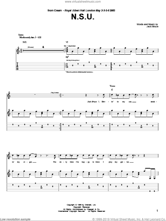 N.S.U. sheet music for guitar (tablature) by Cream and Jack Bruce, intermediate skill level