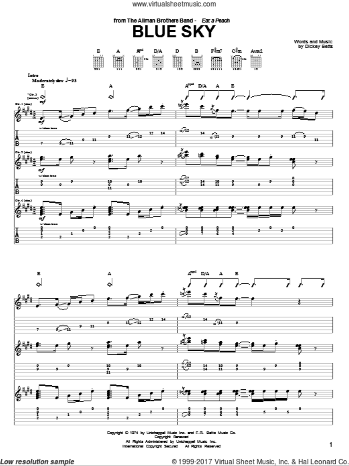 Blue Sky sheet music for guitar (tablature) by Allman Brothers Band, The Allman Brothers Band and Dickey Betts, intermediate skill level