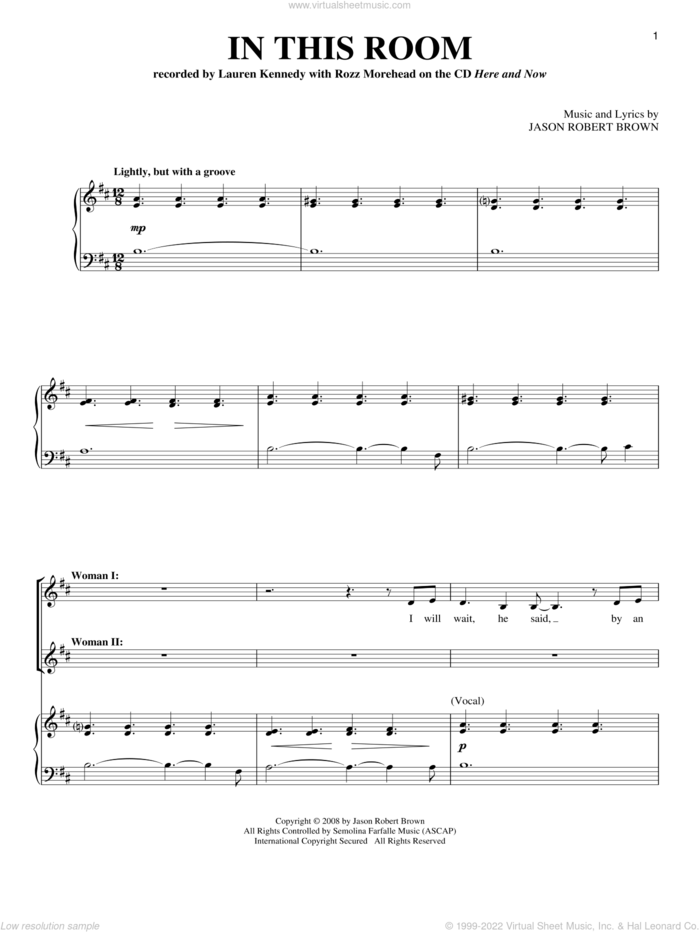 In This Room sheet music for voice and piano by Jason Robert Brown and Lauren Kennedy, intermediate skill level
