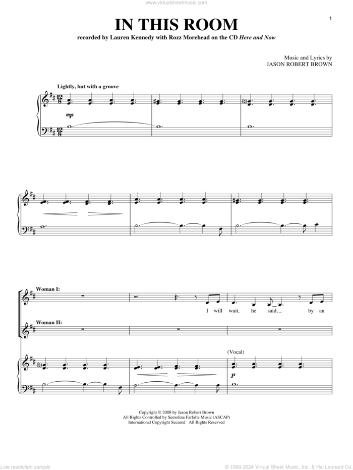 In This Room sheet music for voice and piano by Jason Robert Brown and Lauren Kennedy, intermediate skill level