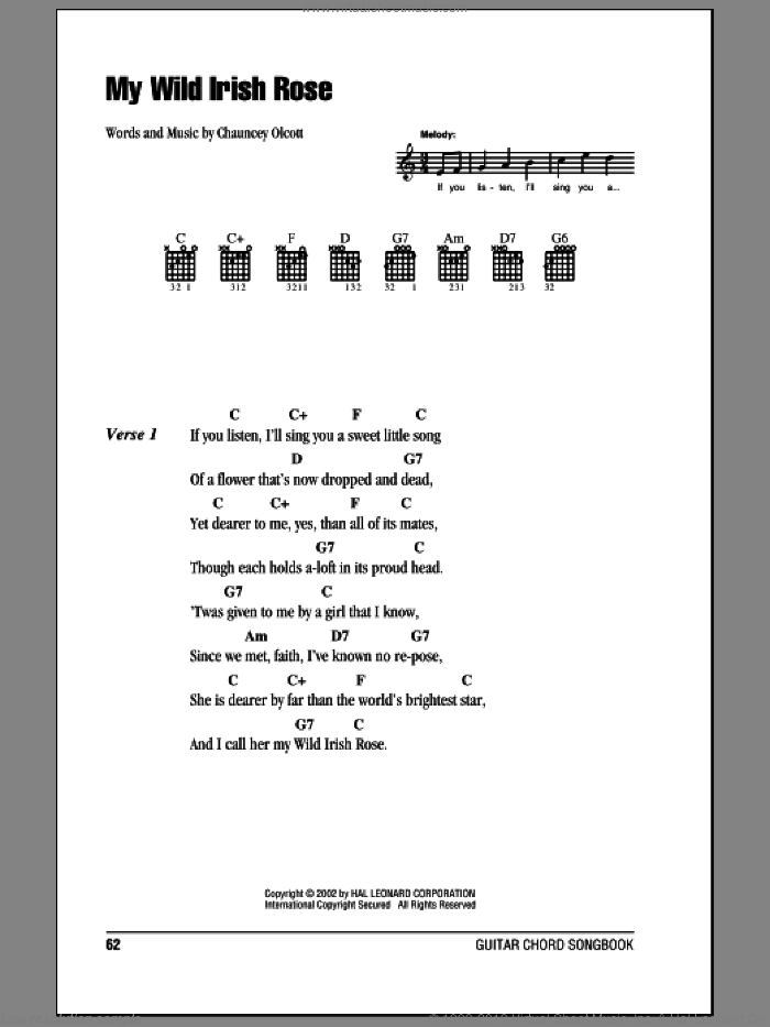 My Wild Irish Rose sheet music for guitar (chords) by Chauncey Olcott, intermediate skill level