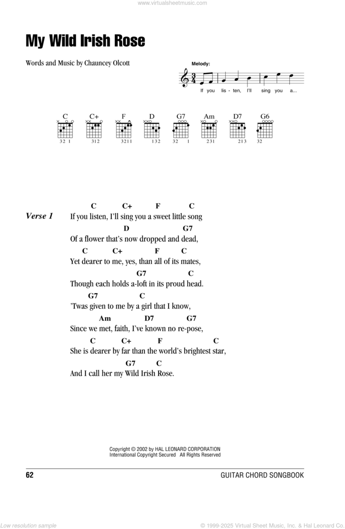 My Wild Irish Rose sheet music for guitar (chords) by Chauncey Olcott, intermediate skill level