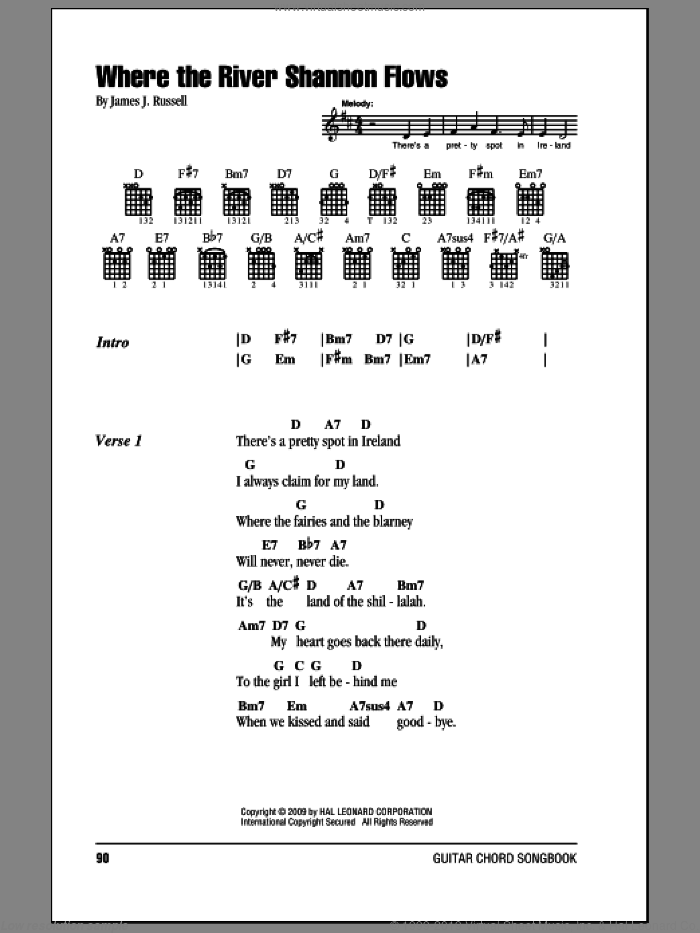 Where The River Shannon Flows sheet music for guitar (chords) by James J. Russell, intermediate skill level